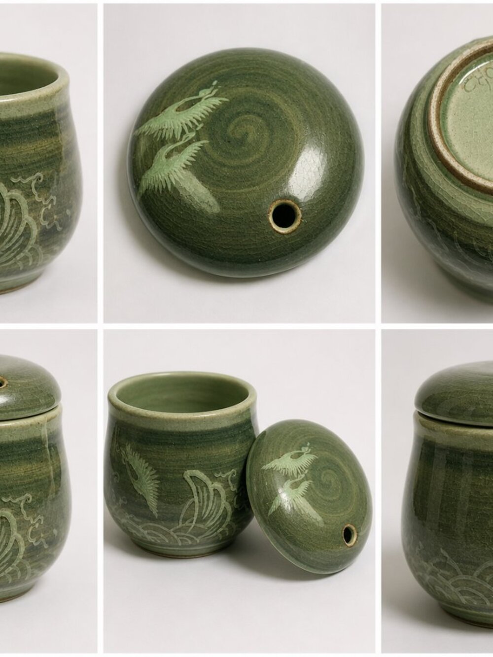 VCDW-01-Celadon Green Crane Lidded Teacup Crackle Glaze Ceramic Tea Ware Home De